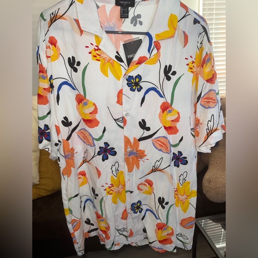 Forever 21 Men's Floral Button Down Shirt - White, Orange, Blue
